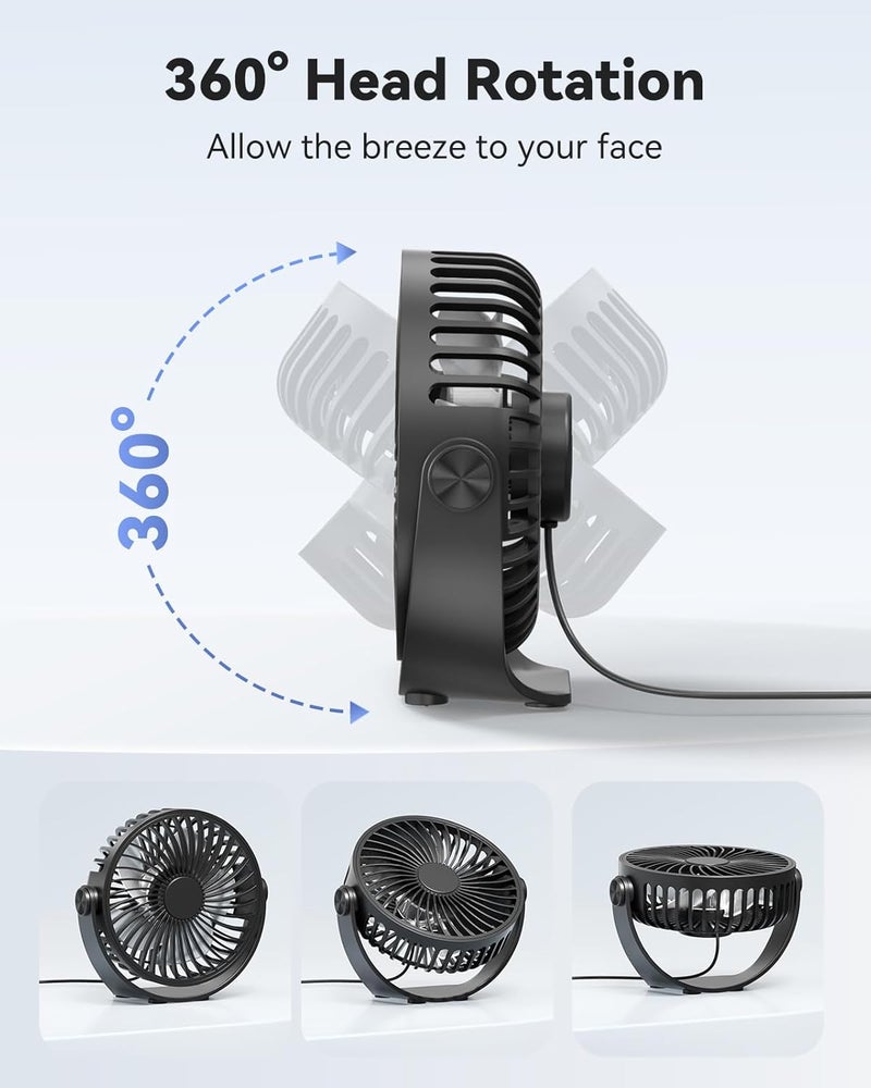 Edvision USB Desk Fan, 5 Inch Mini Portable, 3 Speeds Strong Airflow Personal Desktop, Detachable Cooling Fan 360° Rotation Quiet Small Fan for Desk Home Office Travel Car, Black, 5ft Cable - Image 3
